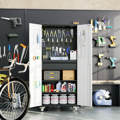 GAEANET 71" H Metal Storage Cabinet on Wheels with Pegboards & Drawer,Lockable Rolling Steel Tool Chest Cabinet for Garage,Warehouse,Home Office,Assembly Required,Black+Gray