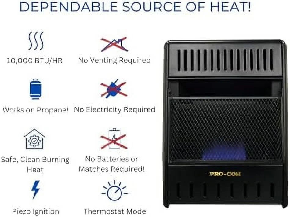 ML100TBAHR Ventless Propane Gas Blue Flame Space Heater with Thermostat Control for Living Room, Bedroom, Home Office, 10000 BTU, Heats Up to 300 Sq. Ft., Includes Wall Mount, Black