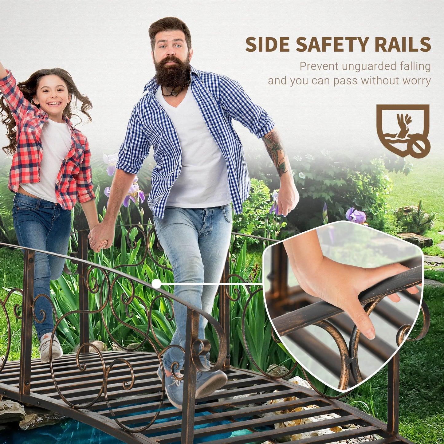 QISHENSHUI 6FT Durable Wooden Garden Bridge - Solid Timber Construction with Sturdy Safety Rails for Stylish Decorative Accents Over Ponds, Streams & Garden Water Features, Bronze