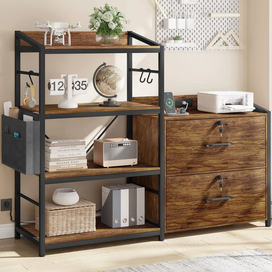 47" File Cabinet with Power Strip&2 Drawers, Lateral Filing Cabinet with Lock& Open Shelf for Home Office, Rustic Brown