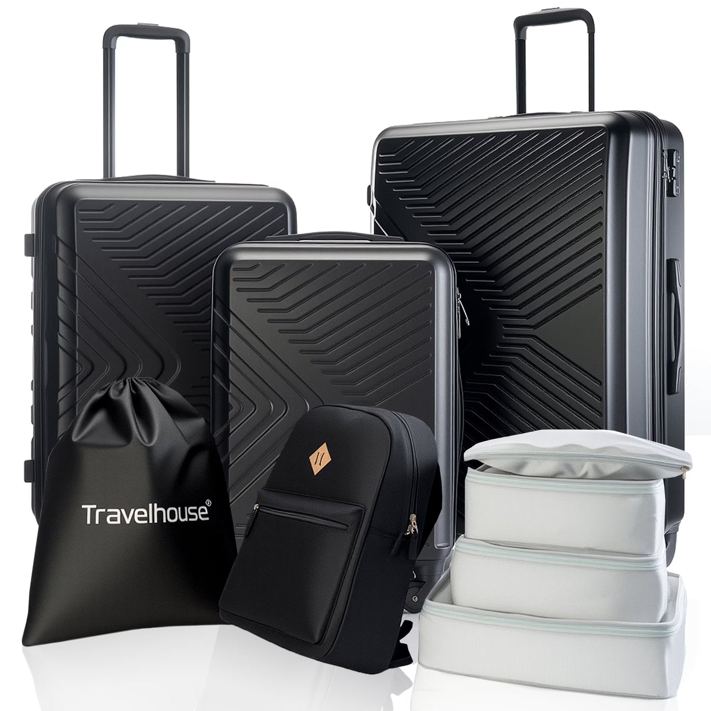 Travelhouse 3 Piece Hardside Luggage Set Hardshell Lightweight TSA Lock Spinner Wheels Suitcase with Backpack and 5 Packing Cubes.Black
