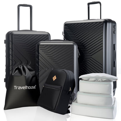 Travelhouse 3 Piece Hardside Luggage Set Hardshell Lightweight TSA Lock Spinner Wheels Suitcase with Backpack and 5 Packing Cubes.Black