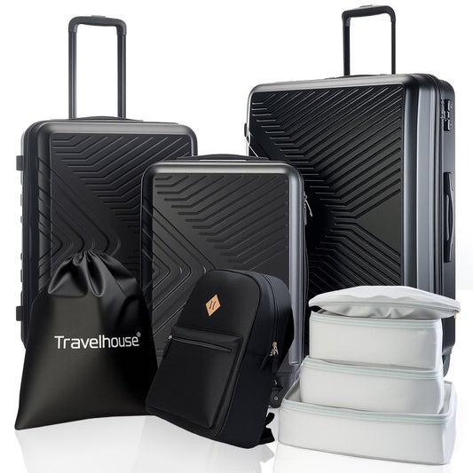 Travelhouse 3 Piece Hardside Luggage Set Hardshell Lightweight TSA Lock Spinner Wheels Suitcase with Backpack and 5 Packing Cubes.Black