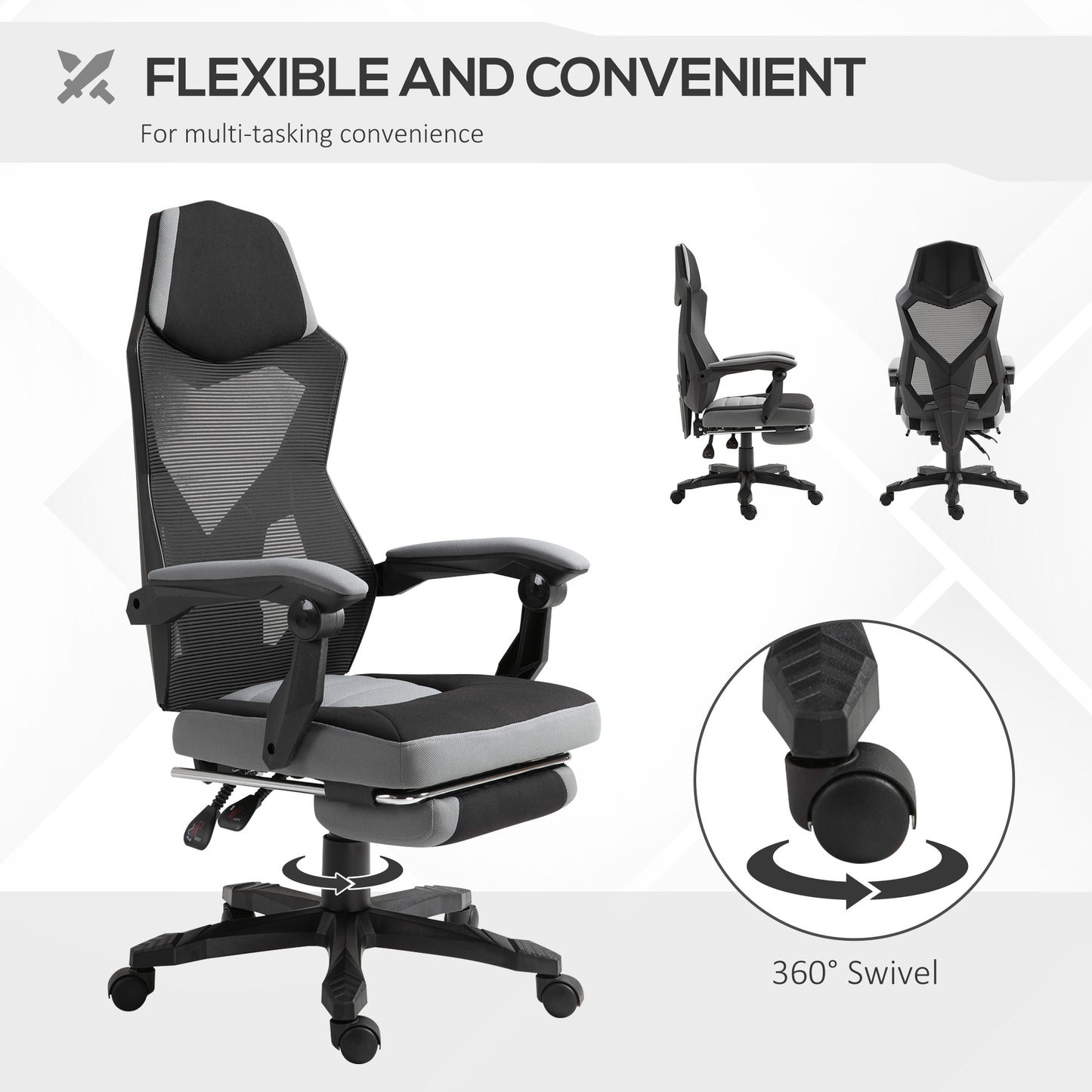 Vinsetto Ergonomic Home Office Chair High Back Armchair Computer Desk Recliner with Footrest, Mesh Back, Lumbar Support and Wheels, Gray