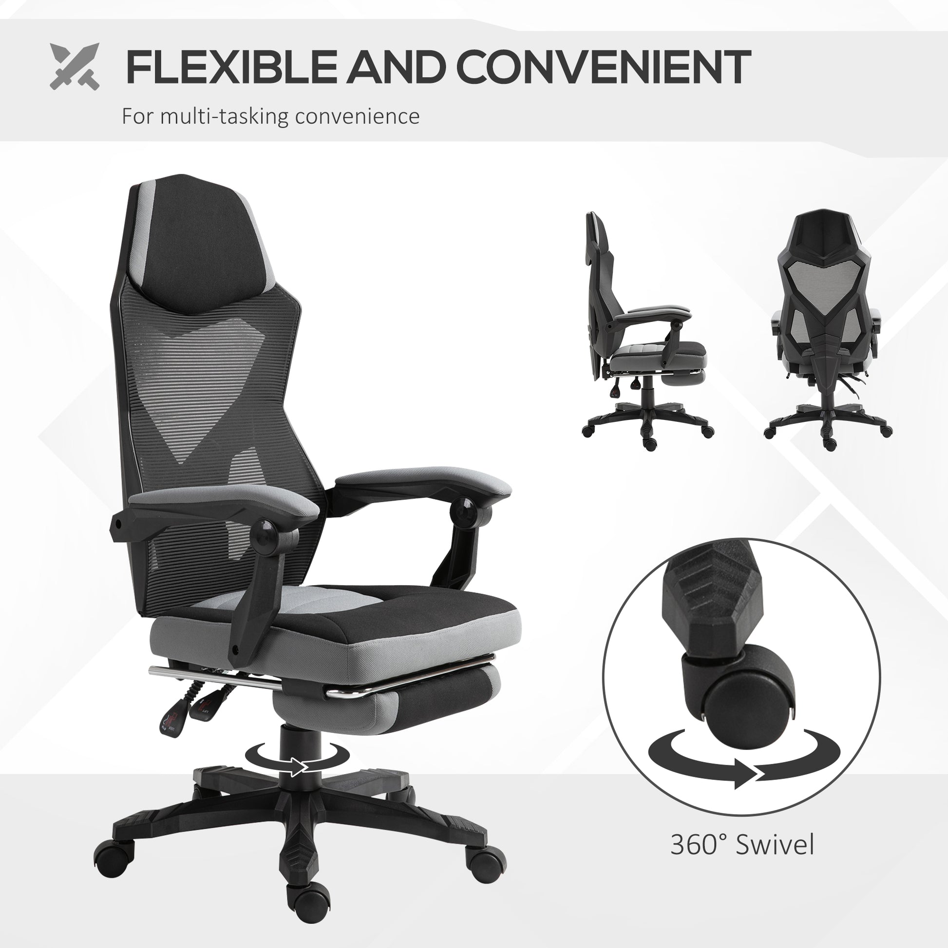 Vinsetto Ergonomic Home Office Chair High Back Armchair Computer Desk Recliner with Footrest, Mesh Back, Lumbar Support and Wheels, Gray