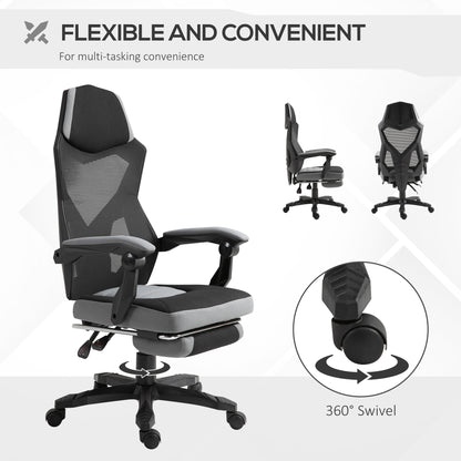 Vinsetto Ergonomic Home Office Chair High Back Armchair Computer Desk Recliner with Footrest, Mesh Back, Lumbar Support and Wheels, Gray