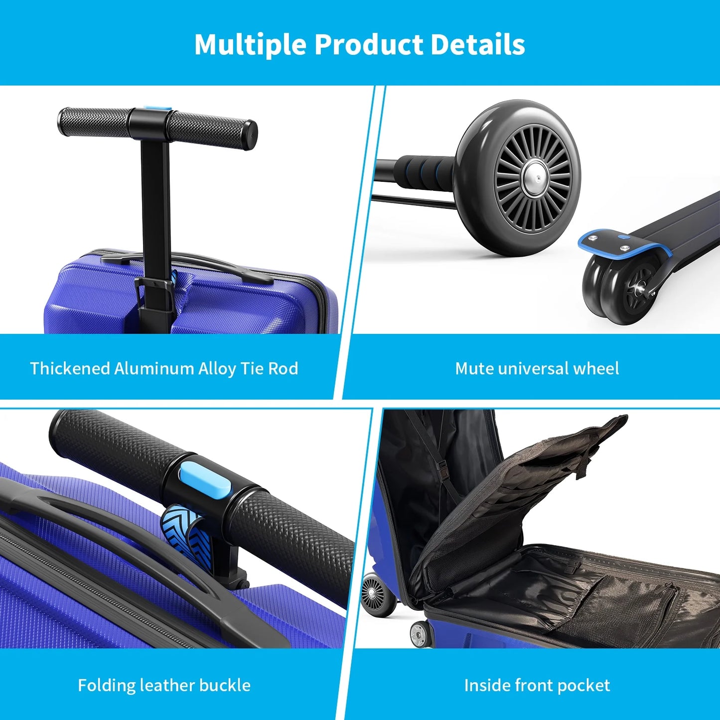 TABU Scooter Luggage for Kids & Adults, Carry on Luggage with Wheels for Kids Ages 6-15,Blue