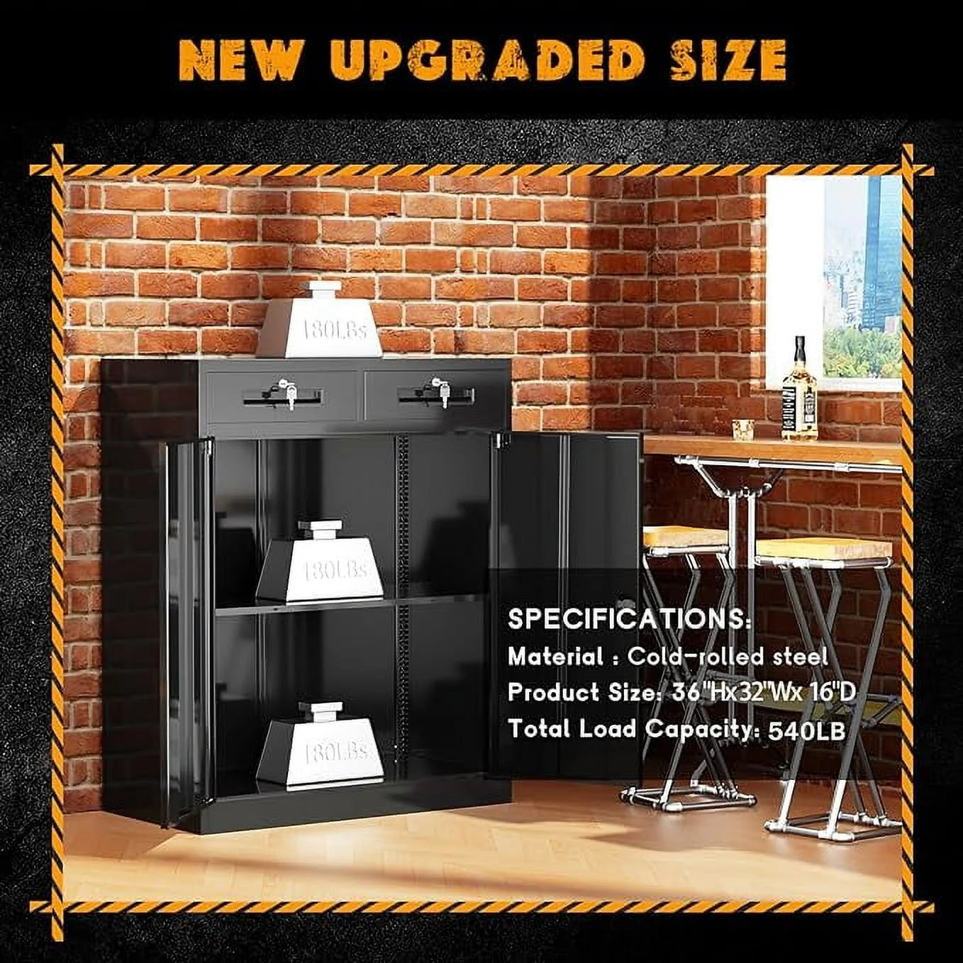 SOLAURA Metal Storage Cabinet with 2 Drawers,36" Black Metal Cabinets with Locking Doors and Adjustable Shelves for Home Office, Garage, Apartment