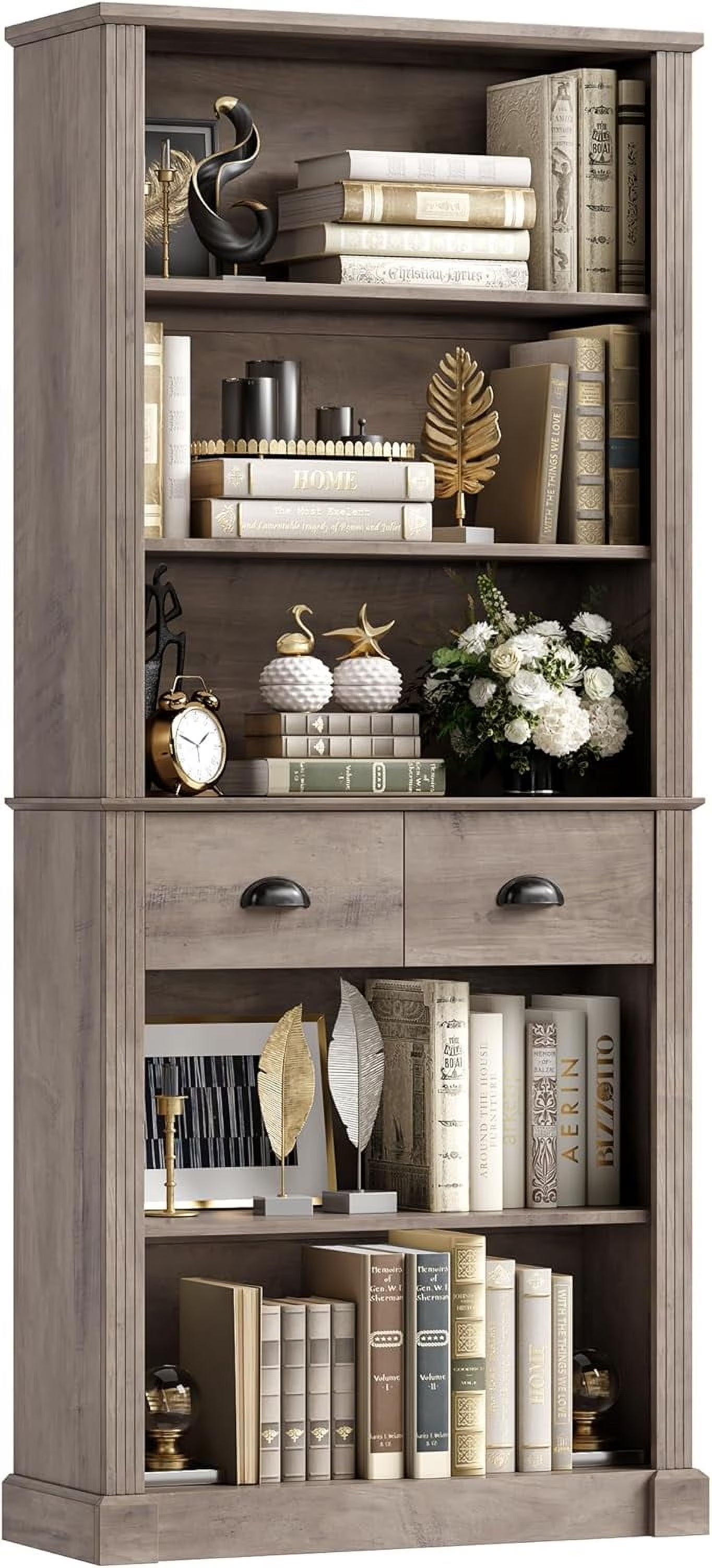 72" Farmhouse Bookshelf and Bookcase with Storage, Tall Bookshelf with Drawers, 5 Tier Book Shelf with Storage, Wood Display Shelves for Home Office, Study, Wash Gray