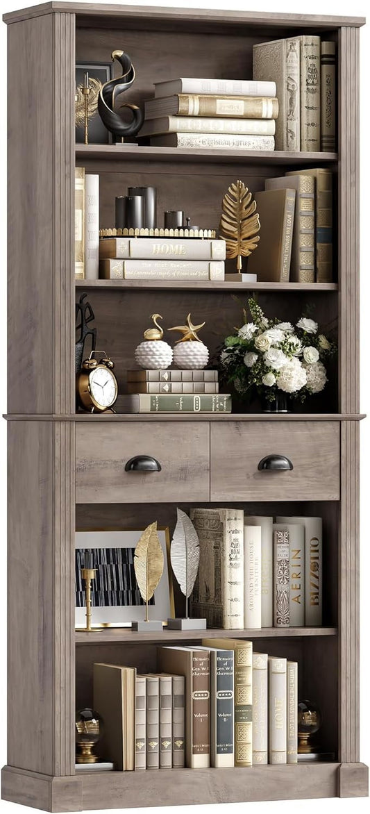 72" Farmhouse Bookshelf and Bookcase with Storage, Tall Bookshelf with Drawers, 5 Tier Book Shelf with Storage, Wood Display Shelves for Home Office, Study, Wash Gray