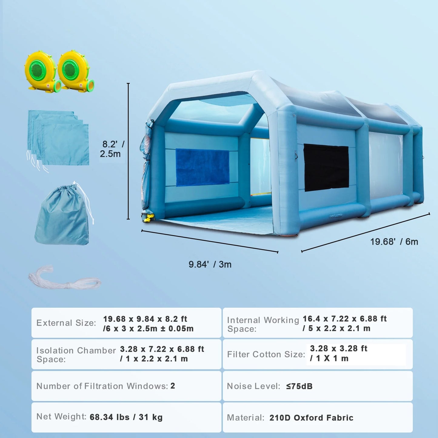 KFFKFF Elastic Spraying Room 20X10X8 Far Elastic Spray Painting Room Car Spitting Tent and 480W+750W Filter System Filter Flower Filter