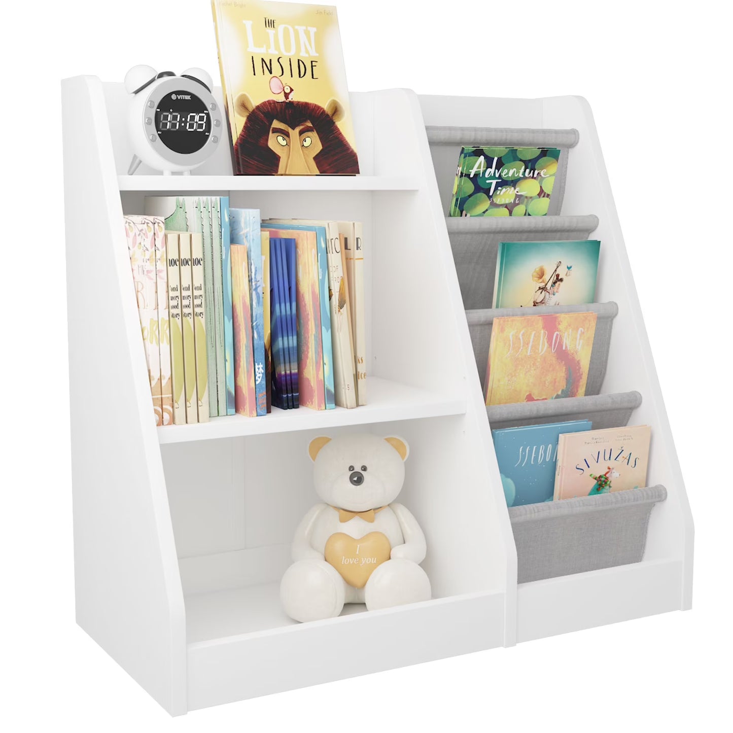 Hironpal Small 3 Tier Kids Bookshelf with 4 Layer Sling Adjustable Book Display Shelf for Nursery Playroom Kids Baby Bedroom