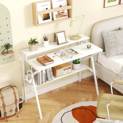 Costway Home Office Desk with Monitor Stand, Open Shelf & Metal Frame, Earphone Hook White