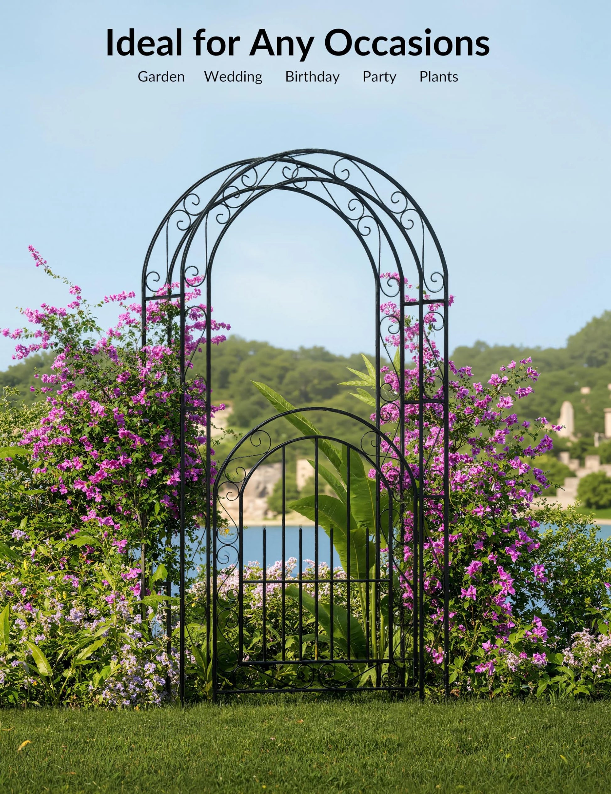 Luku 8FT Black Garden Arch, Heavy Duty Metal Garden Arbors with Trellis for Climbing Plants, Flowers & Vines, Rustproof Outdoor Arbor for Weddings, Parties,Decor, Easy to Assemble