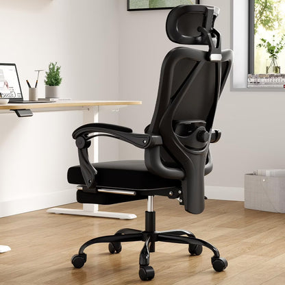 STARY Ergonomic Office Chair with Footrest, High Back Mesh Desk Chair with Adjustable Headrest & Lumbar Support, Comfortable Computer Chair for Home Office Study, White & Beige