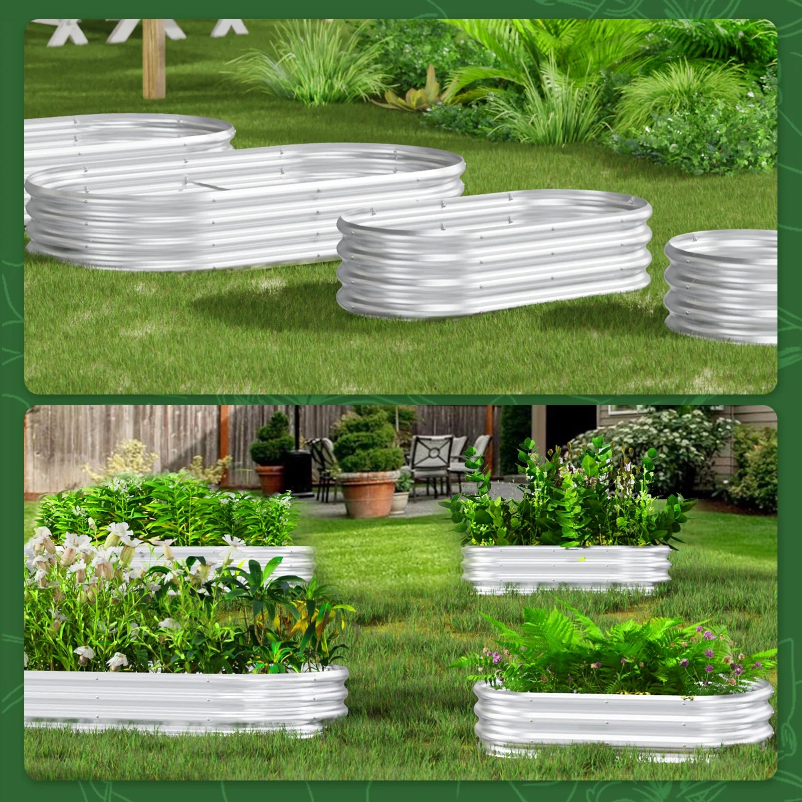 4°2°1 ft(4pack)Galvanized Raised Garden Bed Kit, Garden Planting, Outdoor Galvanized Flowerpot Garden Box, Round and Oval Large Metal Vegetable Box.