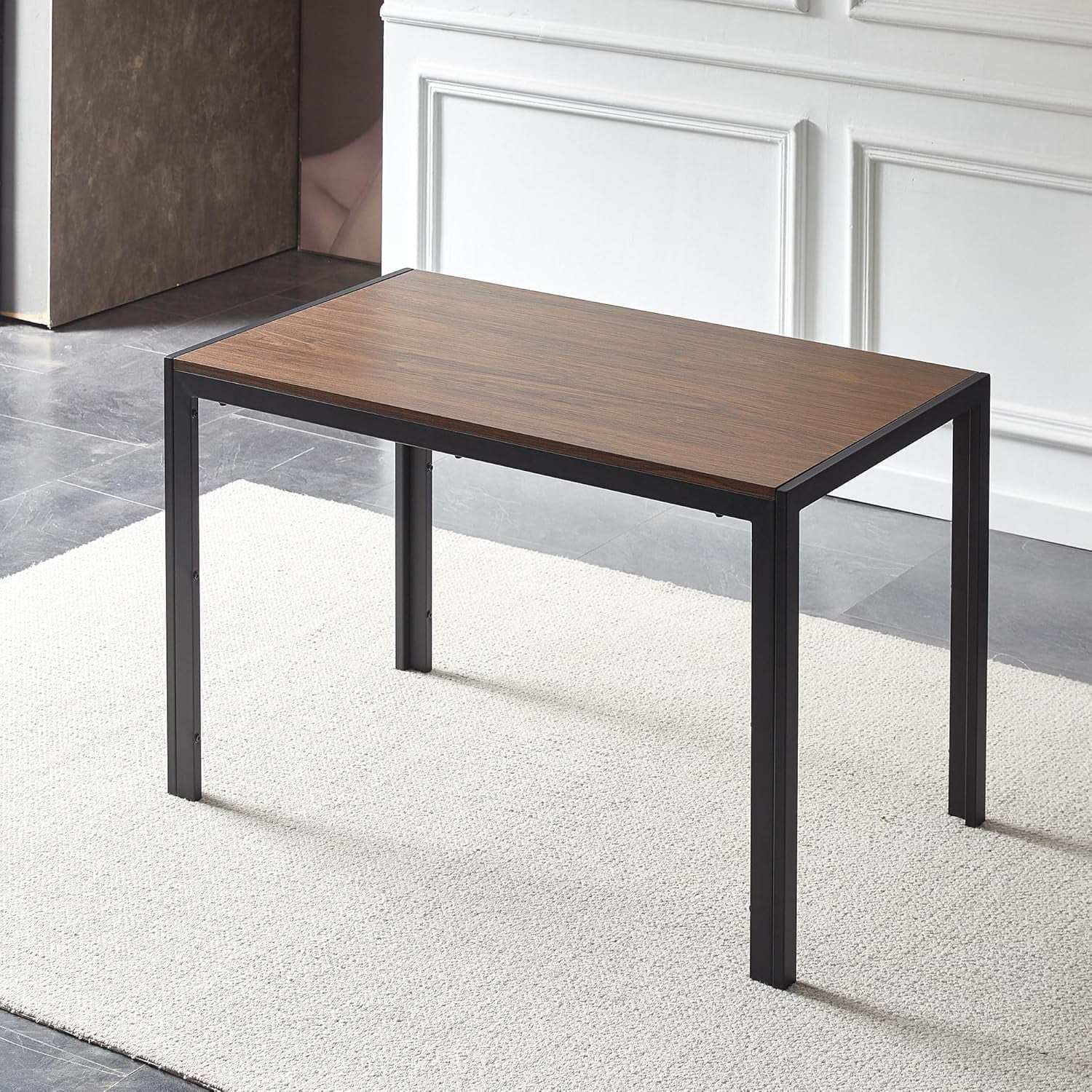 47" Dining Table, 4-Person Indoor Walnut Wood Grain Effect Table with Metal Legs, Rectangular Kitchen Table for Dining Room, Kitchen, Home Office, and Small Spaces