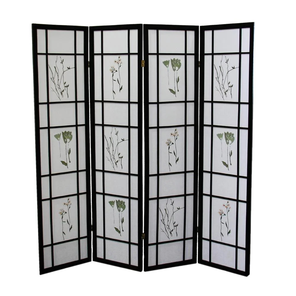 4 Panel Floral Shoji Screen, Room Divider