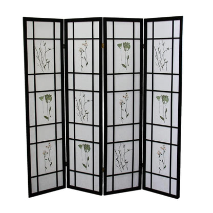 4 Panel Floral Shoji Screen, Room Divider