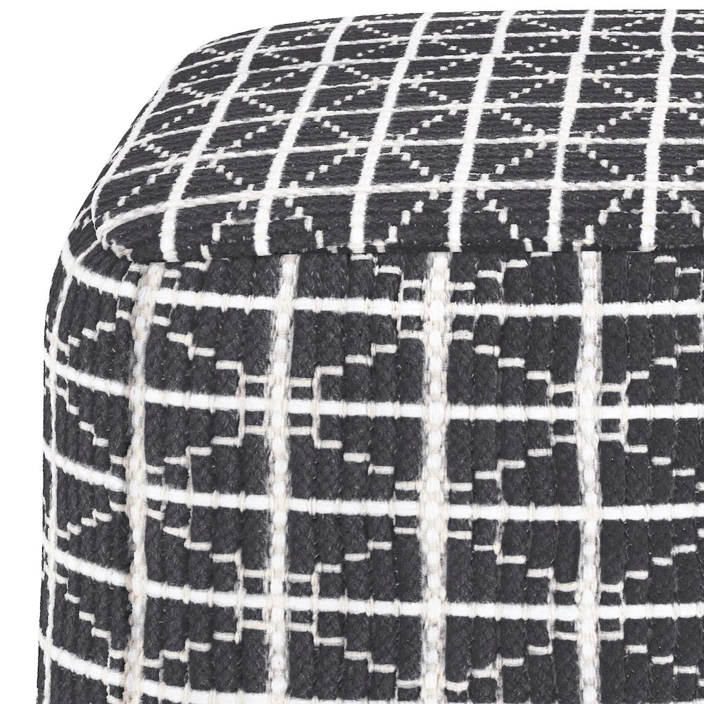 Noreen Boho Square Pouf in Slate Grey and White Handloom Woven Pattern