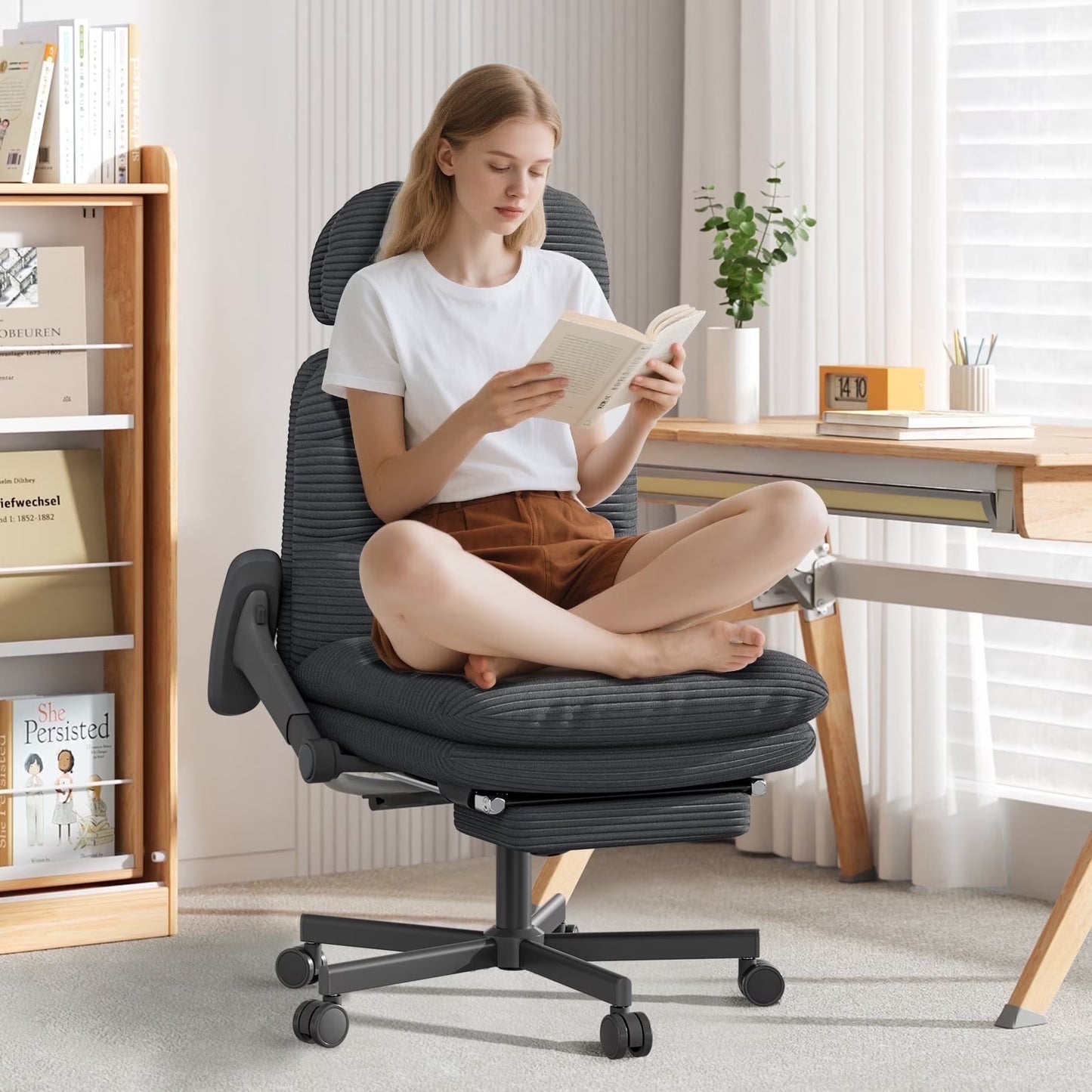 HomeZeer Ergonomic Cross-Legged Office Chair with Footrest & Headrest, Heavy Duty Executive Desk Chair with Flip-up Armrests, Corduroy Fabric Computer Criss Cross Chair for Home Office, Black