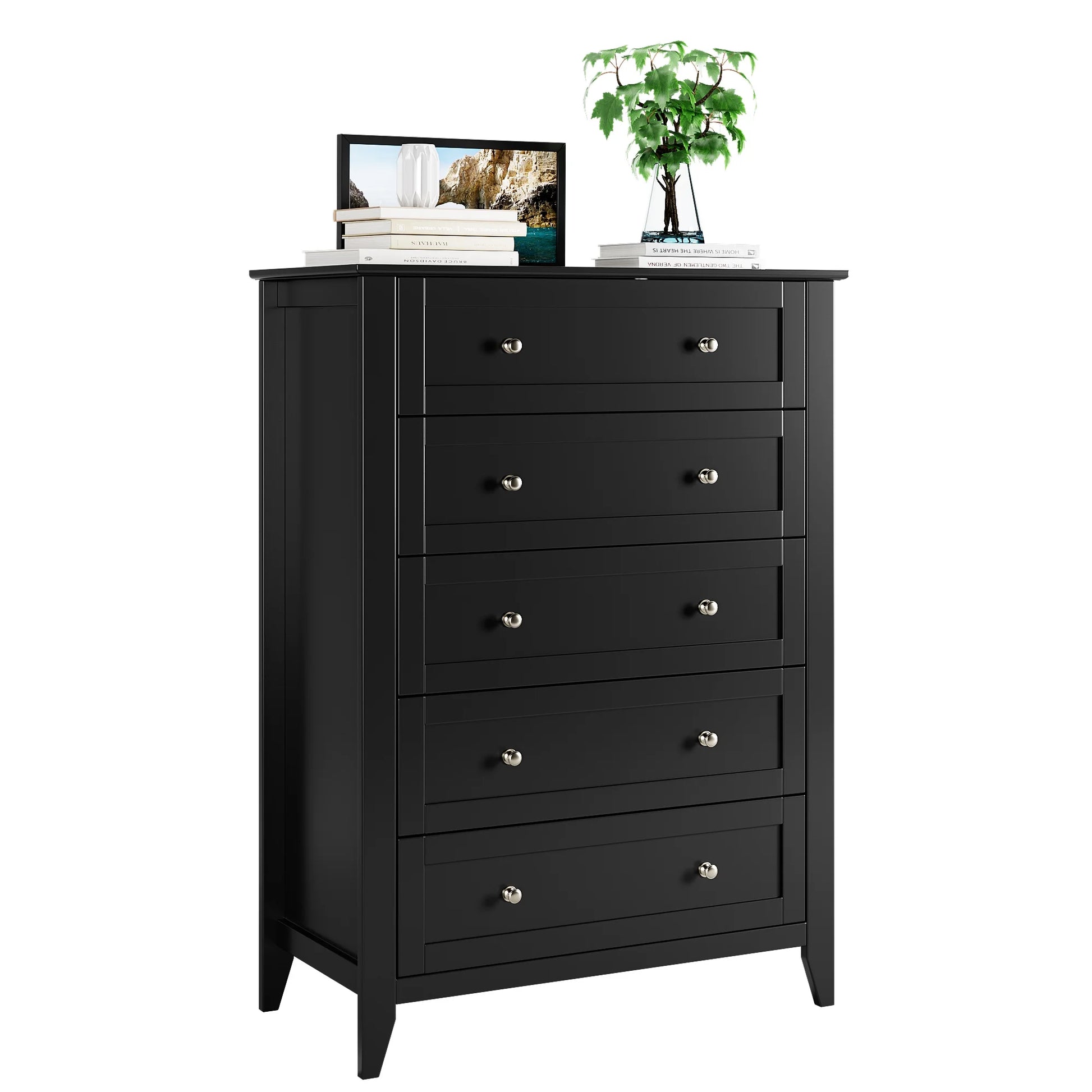 Homhougo Dresser for Bedroom Black with 5 Drawers, Tall Wood Organizer Storage Cabinet with Round Handle, Drawer Dresser for Closet, Living Room, Hallway, Nursery, Kids Bedroom