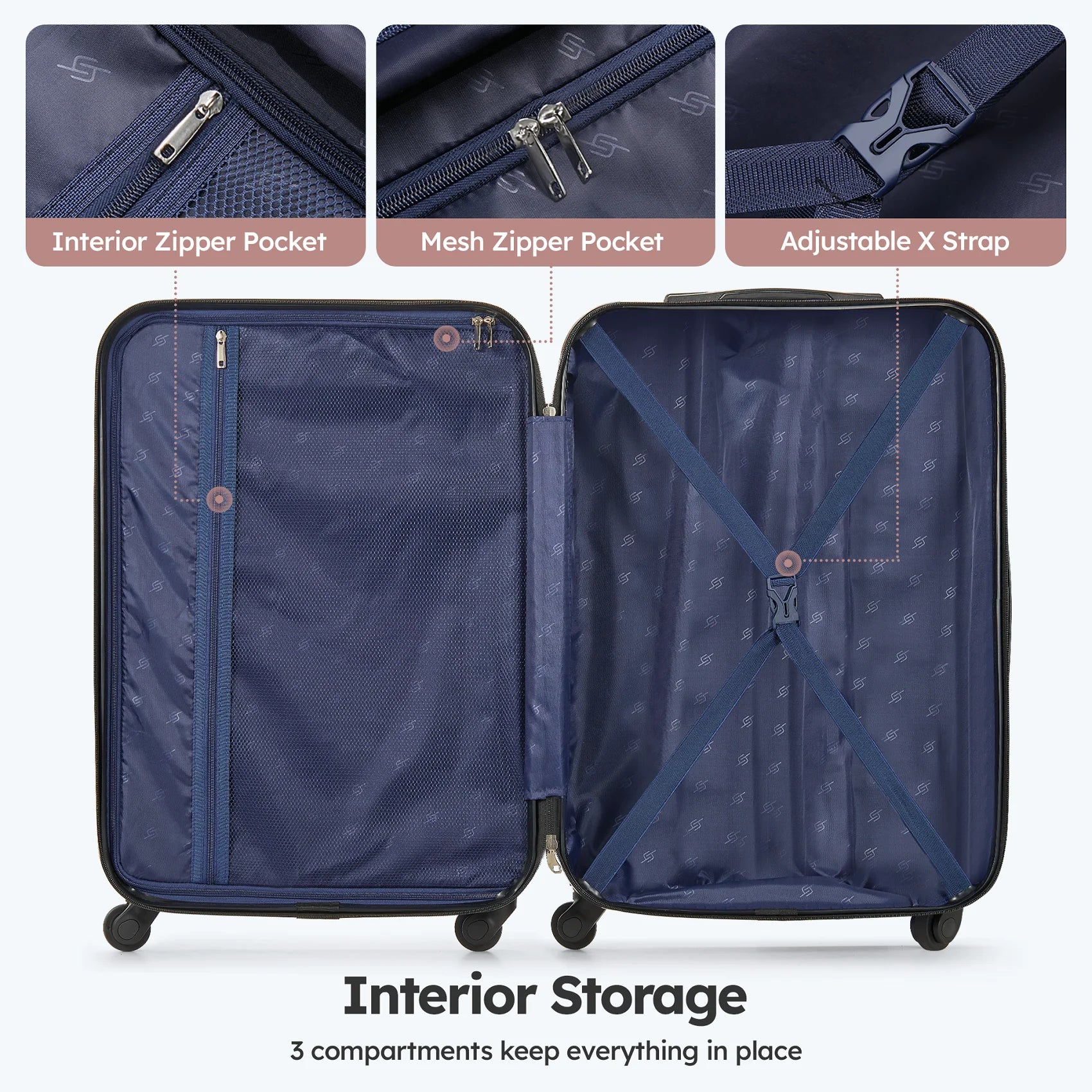 3 Piece Luggage Sets Hard Shell Suitcase Set with Spinner Wheels for Travel Trips Business 20" 24" 28", Rose Gold