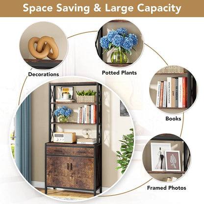Tribesigns Bookshelf with Drawer, 4 Tier Bookcase with Doors Cabinet for Living Room, Home Office, Rustic Brown & Black