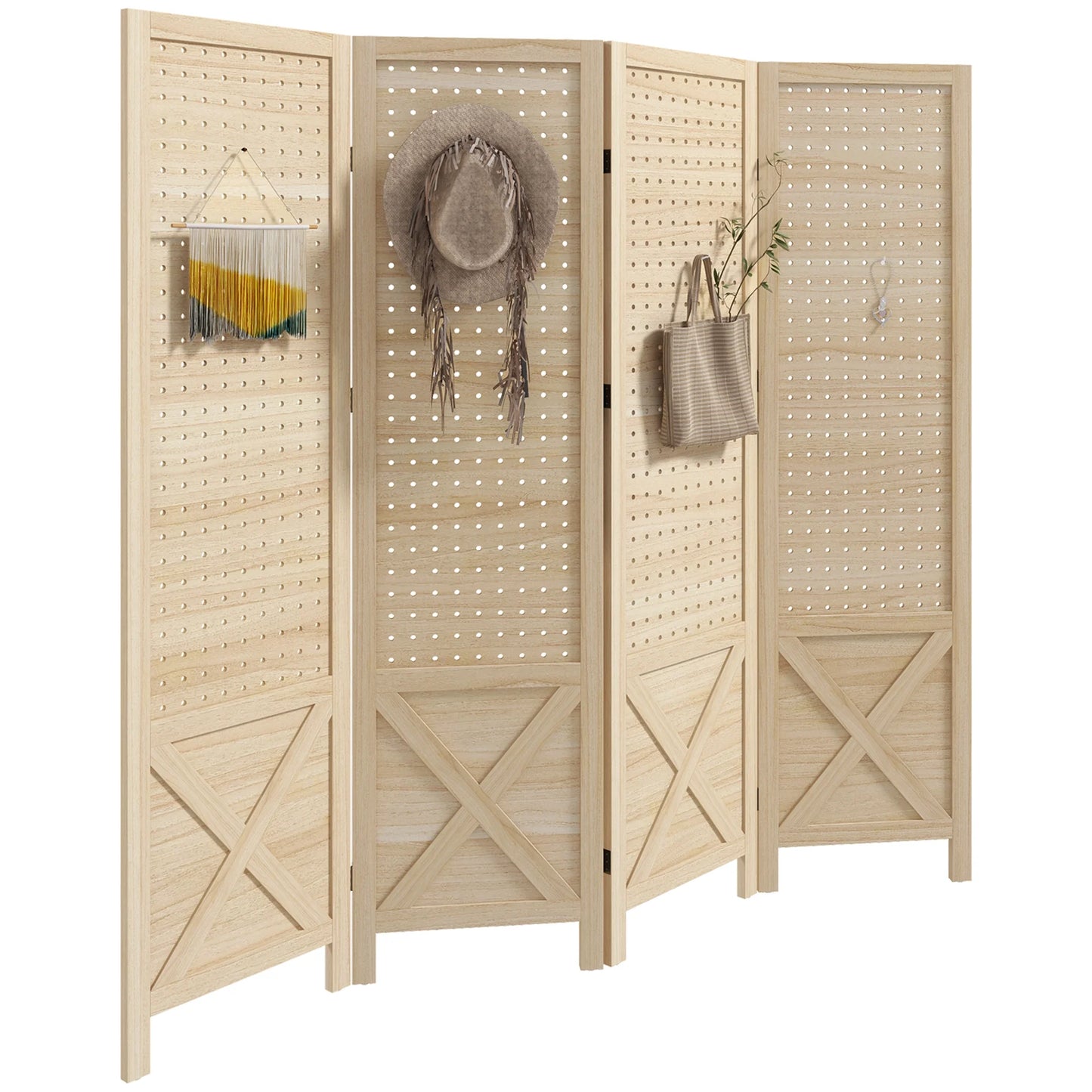 HOMCOM 4.7' 3 Panel Room Divider with Pegboard Display for Indoor, Natural