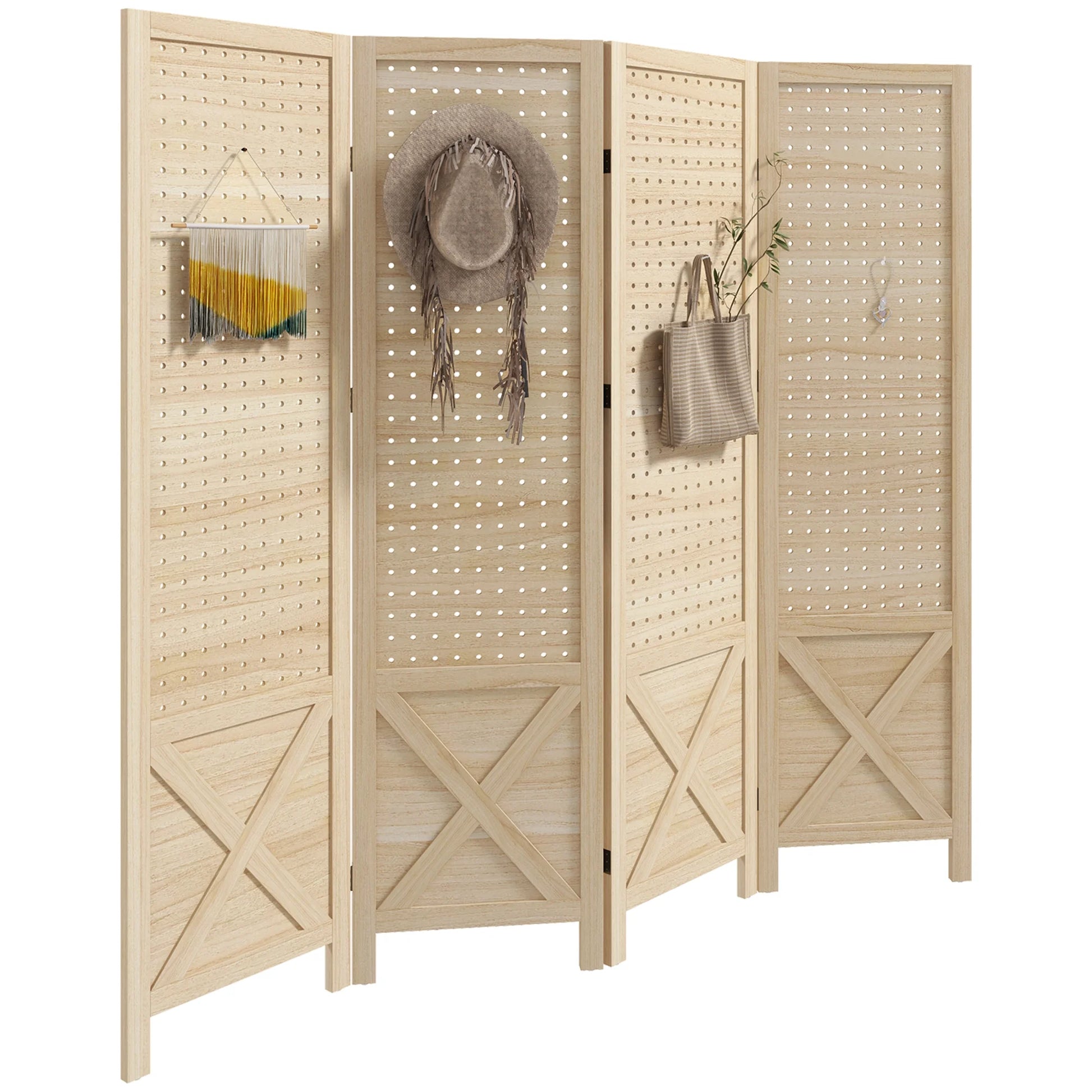 HOMCOM 4.7' 3 Panel Room Divider with Pegboard Display for Indoor, Natural