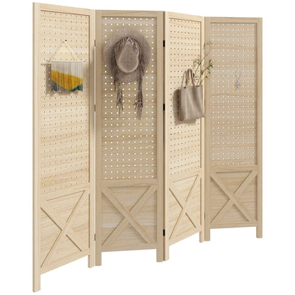 HOMCOM 4.7' 3 Panel Room Divider with Pegboard Display for Indoor, Natural