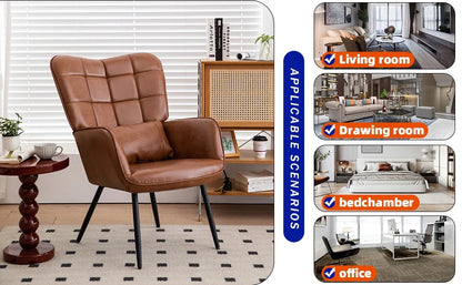 Modern Accent High Back Chair, Bonded Leather Armchair, Living Room Chairs with Metal Legs and Soft Padded, Sofa Chairs for Home Office/Bedroom/Dining Room, Brown (1pc)