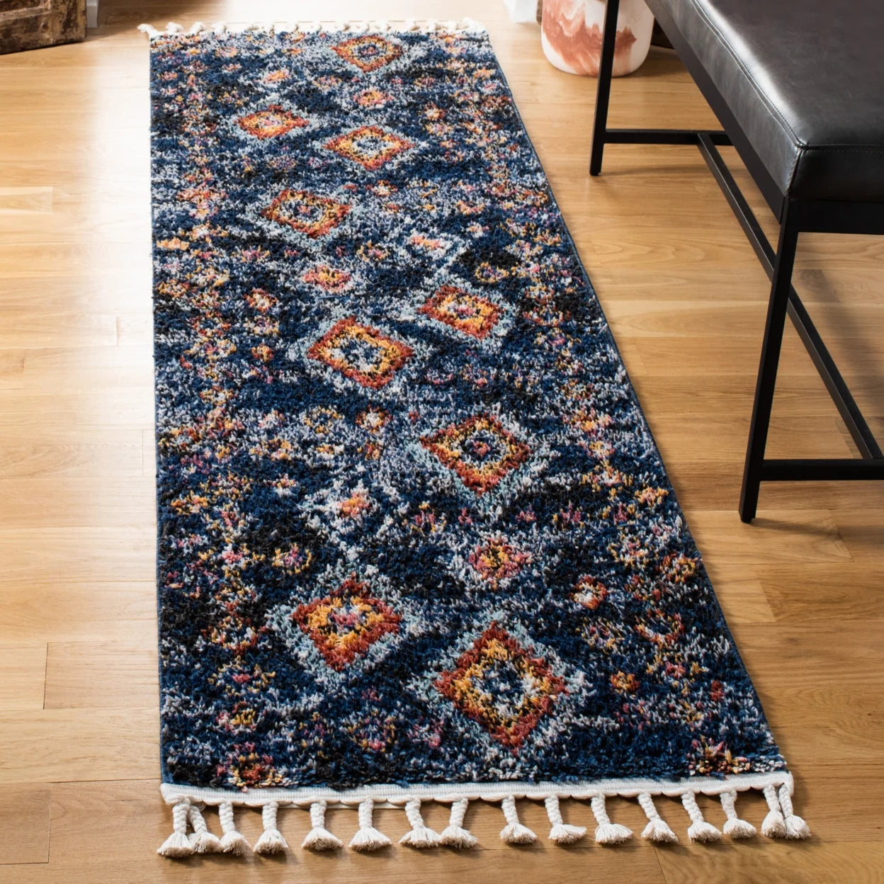 SAFAVIEH Morocco Sloan Abstract Geometric Polyester Area Rug, Navy/Multi, 6'7" x 6'7" Square