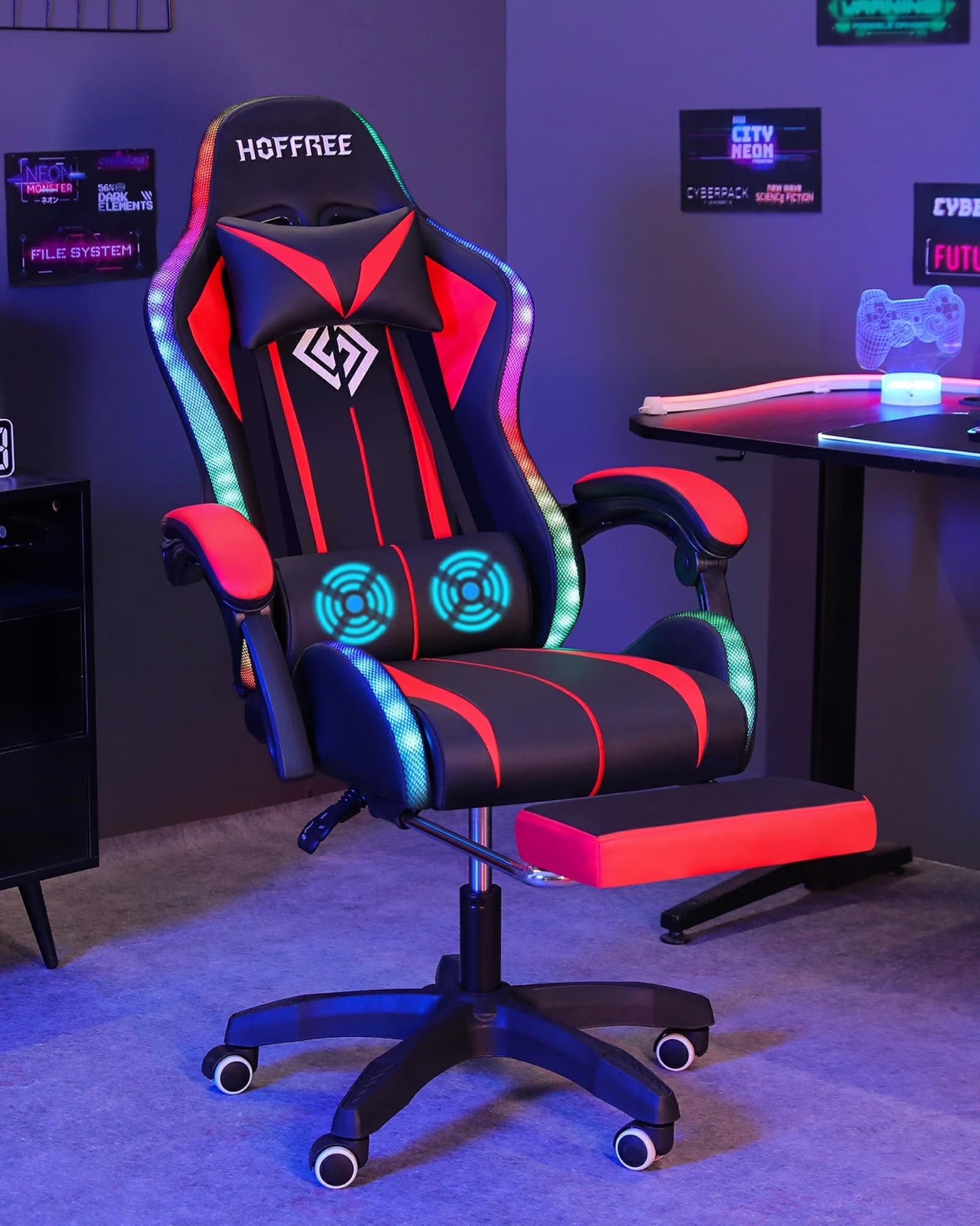 Hoffree Gaming Chair with Massage PU Leather Office Chair with Footrest and LED Light Ergonomic Gamer Chair Lumbar Support Adjustable Headrest High Back Computer Desk Chair for Home Office
