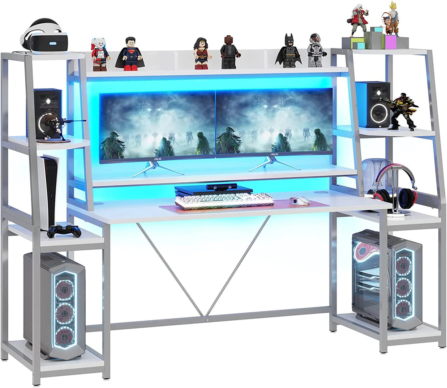 White Gaming Desk with LED Lights 78.8'' Computer Desk with Hutch & Monitor Stand Ergonomic Home Office Desk Table for Bedroom Living Room