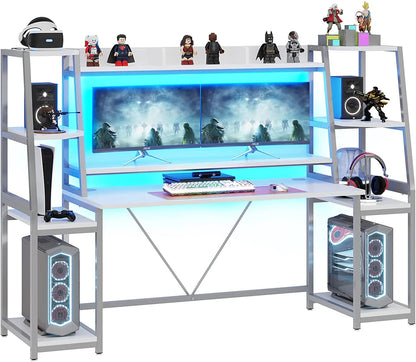 White Gaming Desk with LED Lights 78.8'' Computer Desk with Hutch & Monitor Stand Ergonomic Home Office Desk Table for Bedroom Living Room