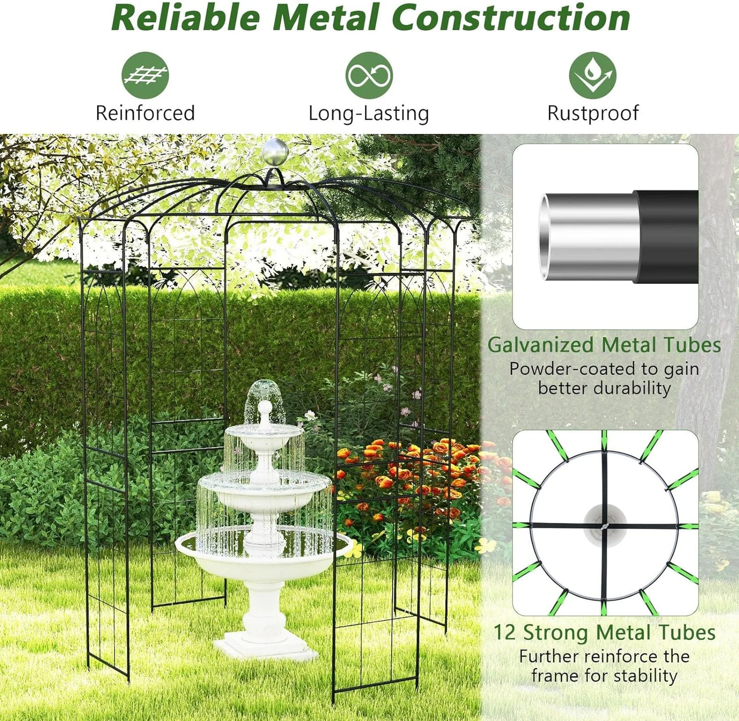 Moccha Birdcage Shape Gazebo, 9.4' H x 6.8' W Pergola Pavilion Arbor for Climbing Plants, French Style Arch Trellis with 8 Ground Stakes, Outdoor Metal Garden Arch for Wedding Party Decoration, Black