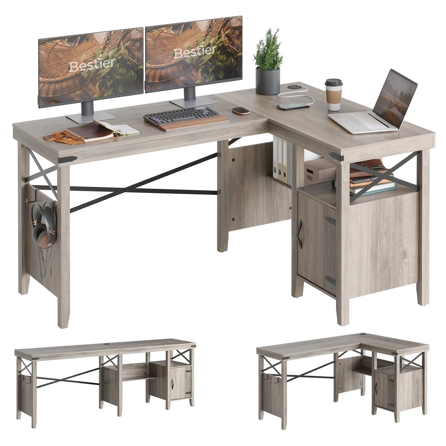 Bestier Farmhouse L-Shaped Computer Desk 60" Home Office Desk with Cabinet, Wash Gray