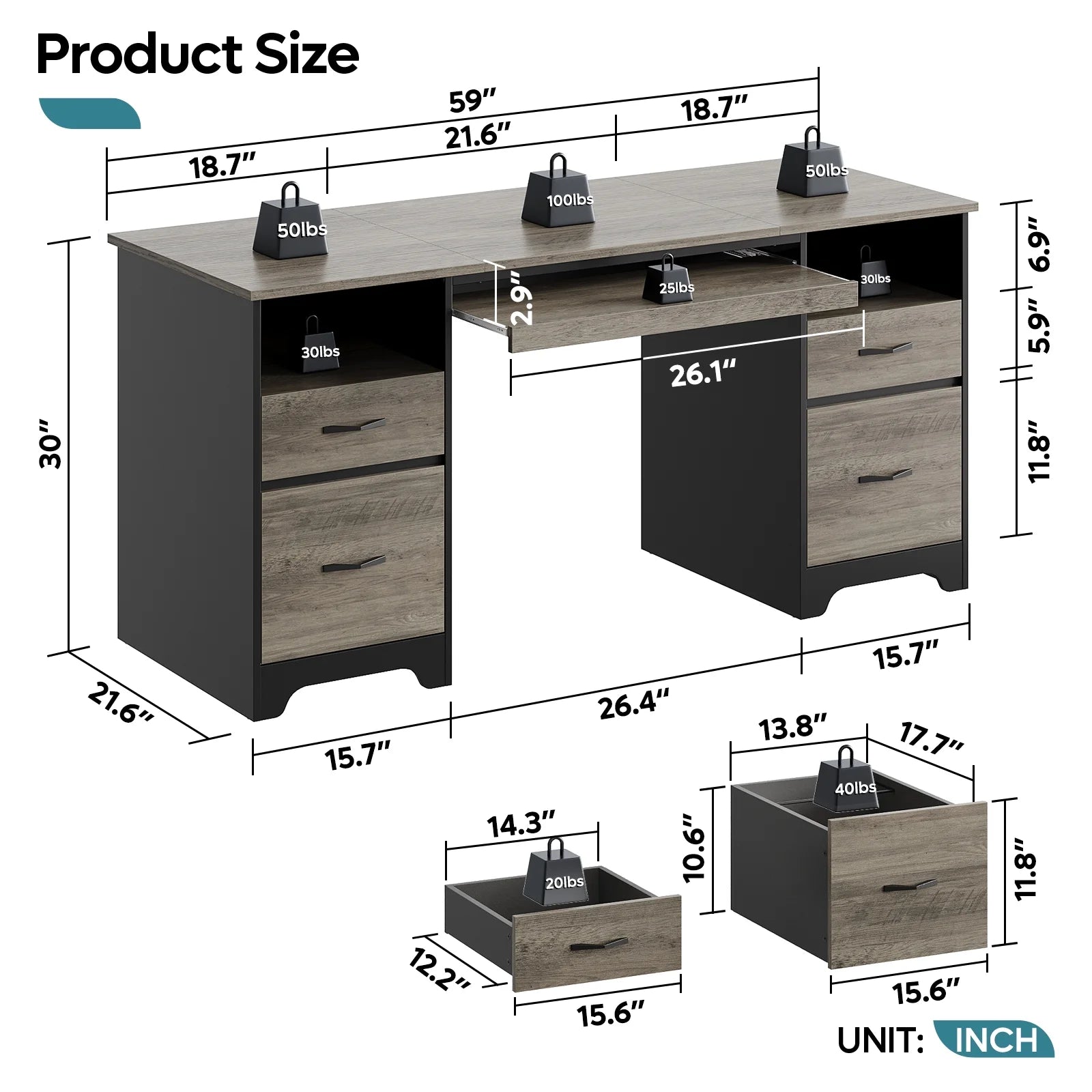 Bestier 59° Computer Desk with 4 Drawers, Office Executive Desk with File Drawer, Keyboard Tray for Home Office, Gray