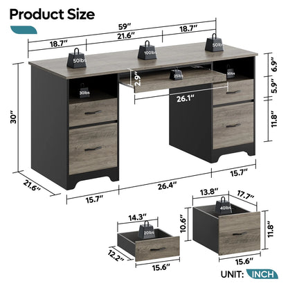Bestier 59° Computer Desk with 4 Drawers, Office Executive Desk with File Drawer, Keyboard Tray for Home Office, Gray
