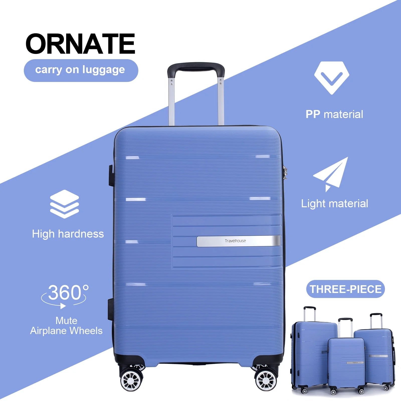 Tripcomp 3 Piece Luggage Sets, Hard shell Carry On Luggage, PP case with Two Hooks, Spinner Wheels, TSA Lock, Airline Approved, Lightweight Durable Suitcase, (20”24”28”)(Purplish Blue)