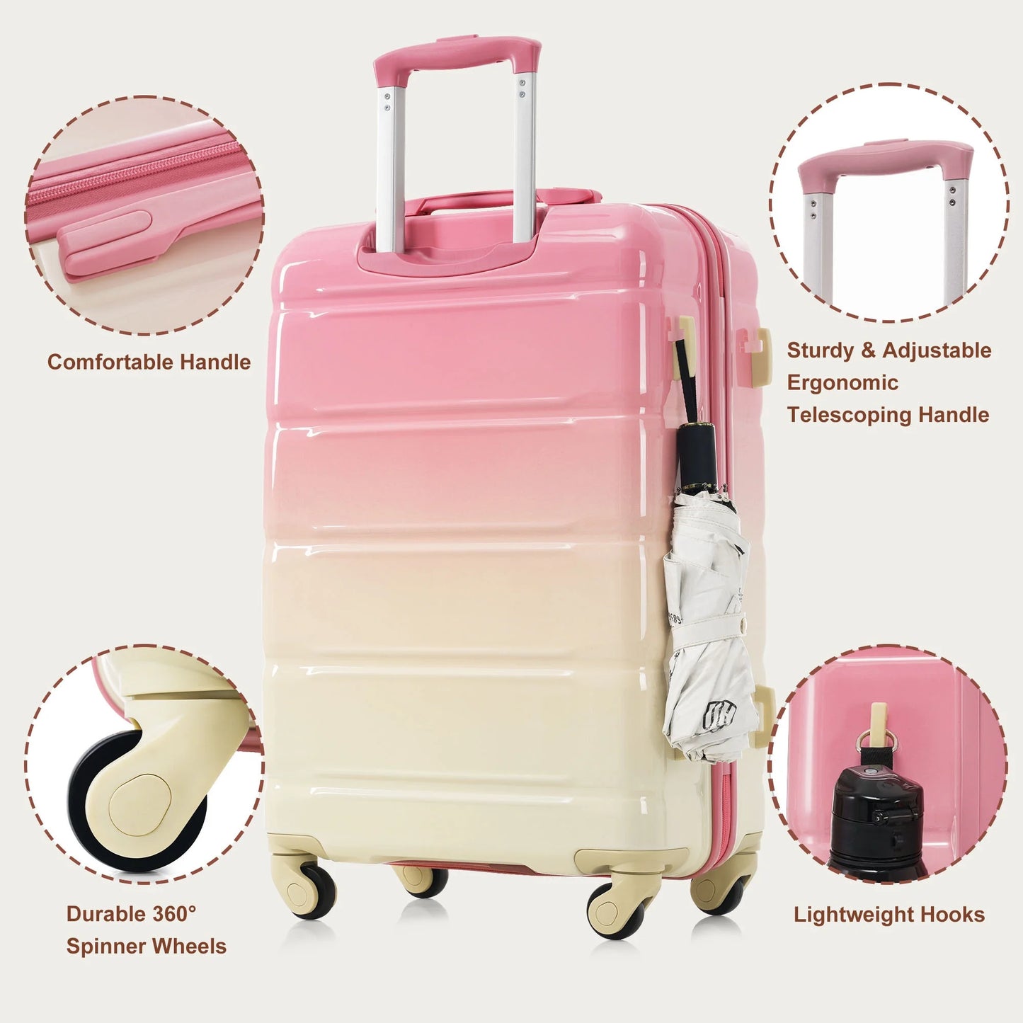 PAPROOS 3-Piece Luggage Set (20''/24''/28''), Hardshell Lightweight Suitcase with USB Port and Side Hooks, Travel Luggage with TSA-Lock, Hardside Rolling Luggage for School, Travel, Pink