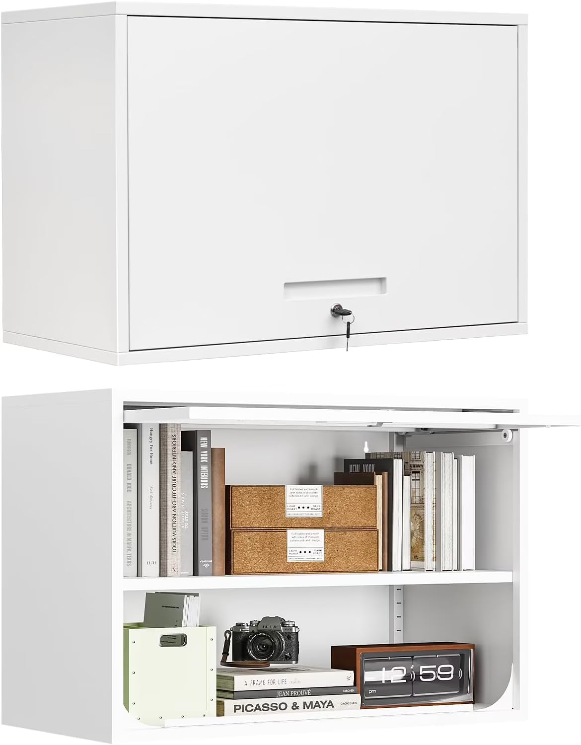 MIIIKO Wall Cabinet with Door and Shelf, Wall Mounted Metal Storage Cabinets, Locking White Floating Cabinet for Garage, Home Office, Kitchen and Pantry