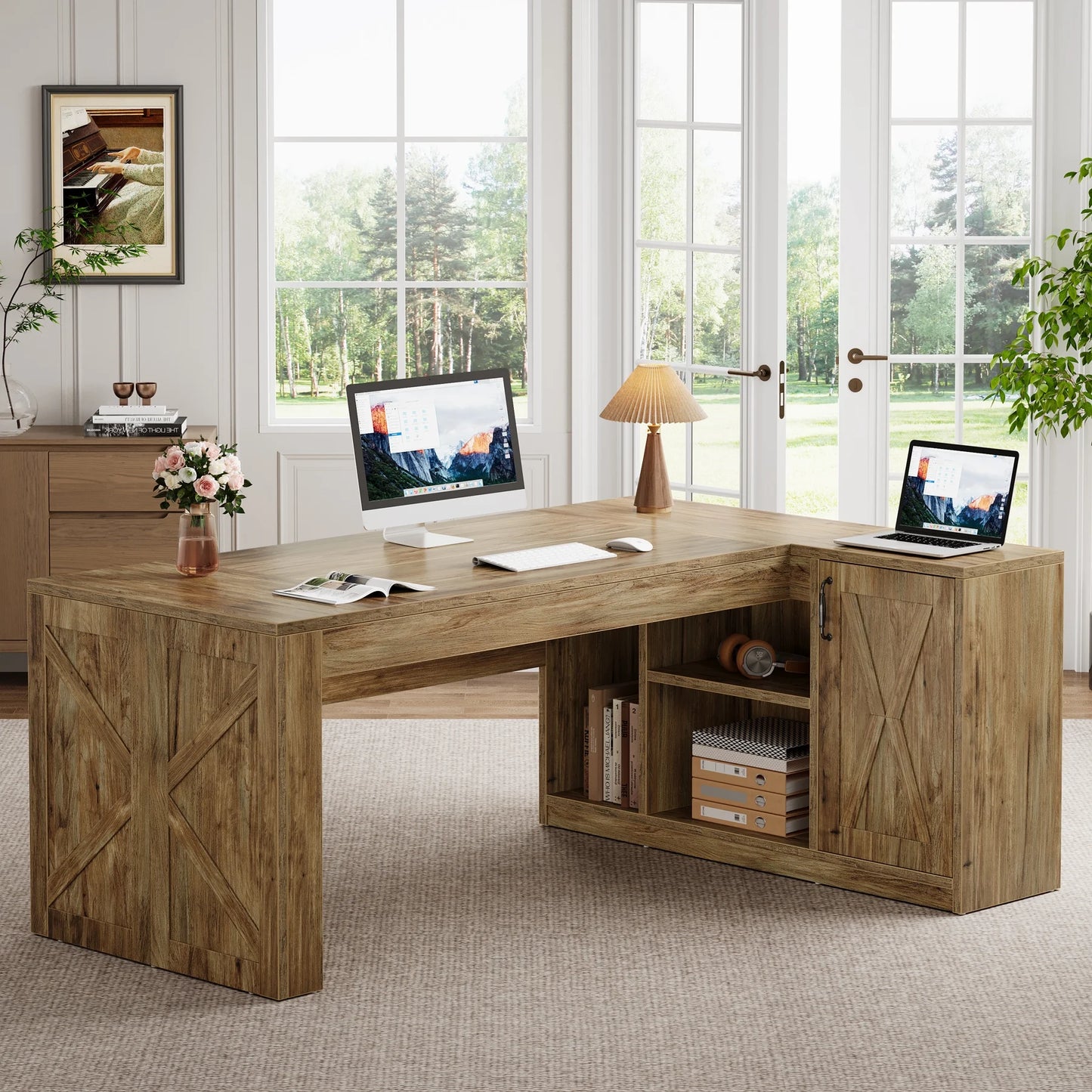 Tribesigns 70.8" L-Shaped Executive Desk, Large Computer Table with Storage Cabinet, Modern Business Furniture with Shelves, Wooden Farmhouse Workstation for Home Office (Rustic Brown)