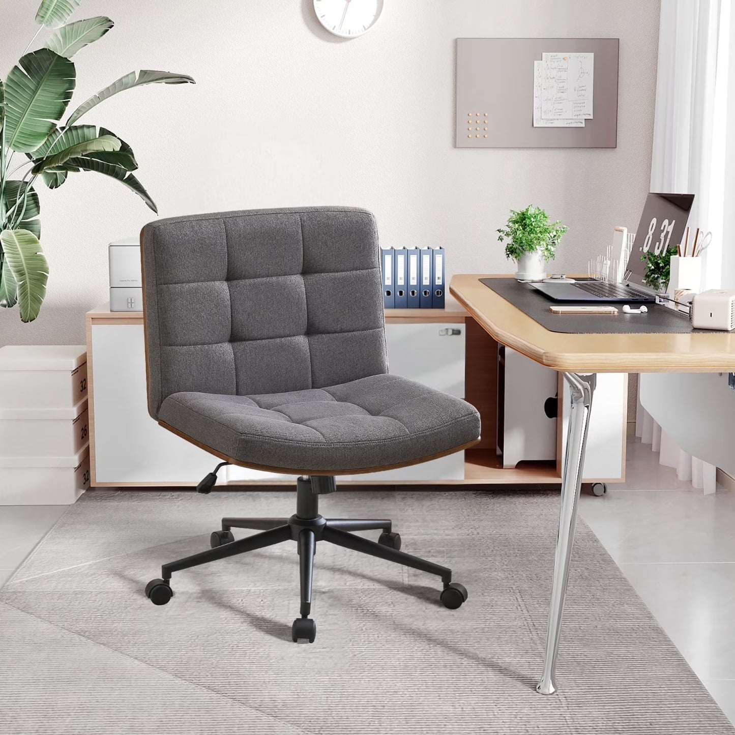 Modern Walnut Office Chair, Wide Seat Swivel Task Chair, Armless Ergonomic Chair with Wheels for Home Office, Bedroom, Ivory White