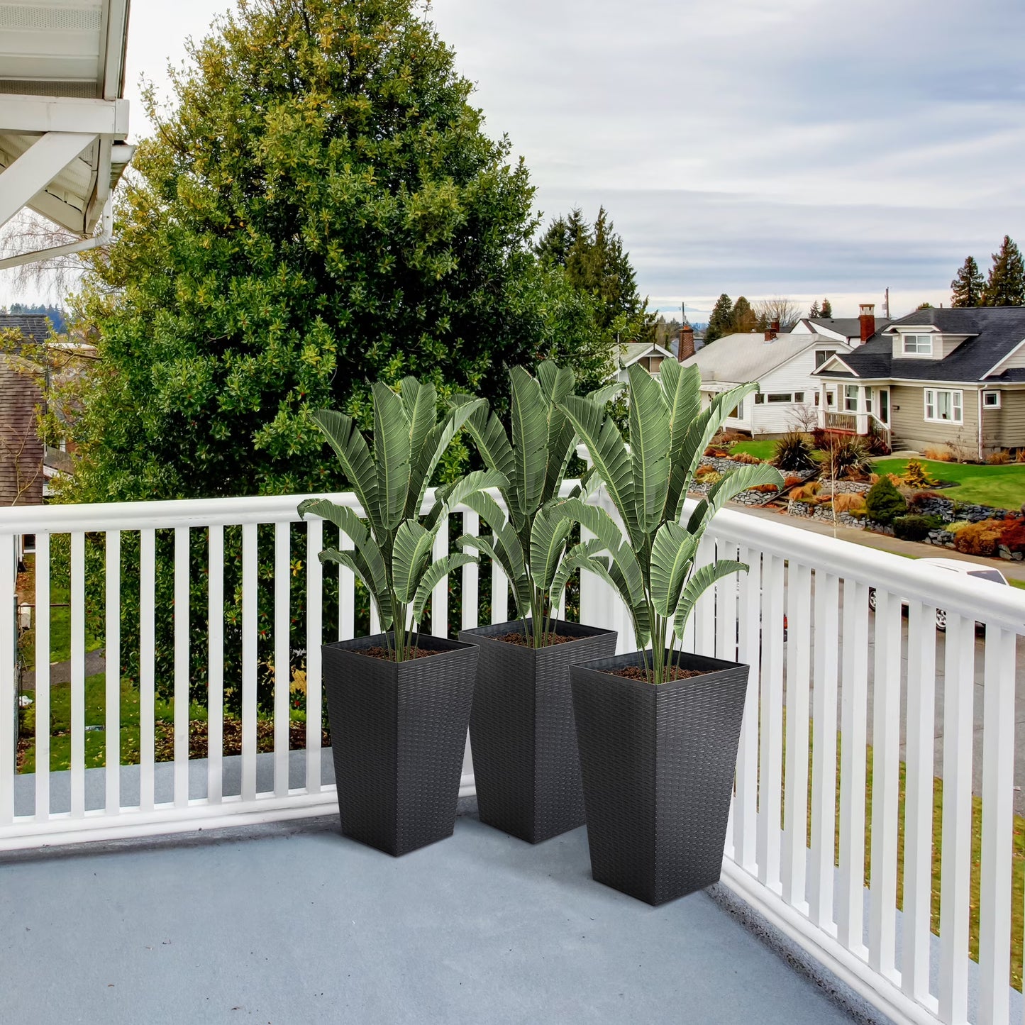 Outsunny Set of 3 Tall Planters with Drainage Hole, Outdoor Flower Plant Pots, Indoor Planters for Porch, Front Door, Entryway, Patio and Deck, Black