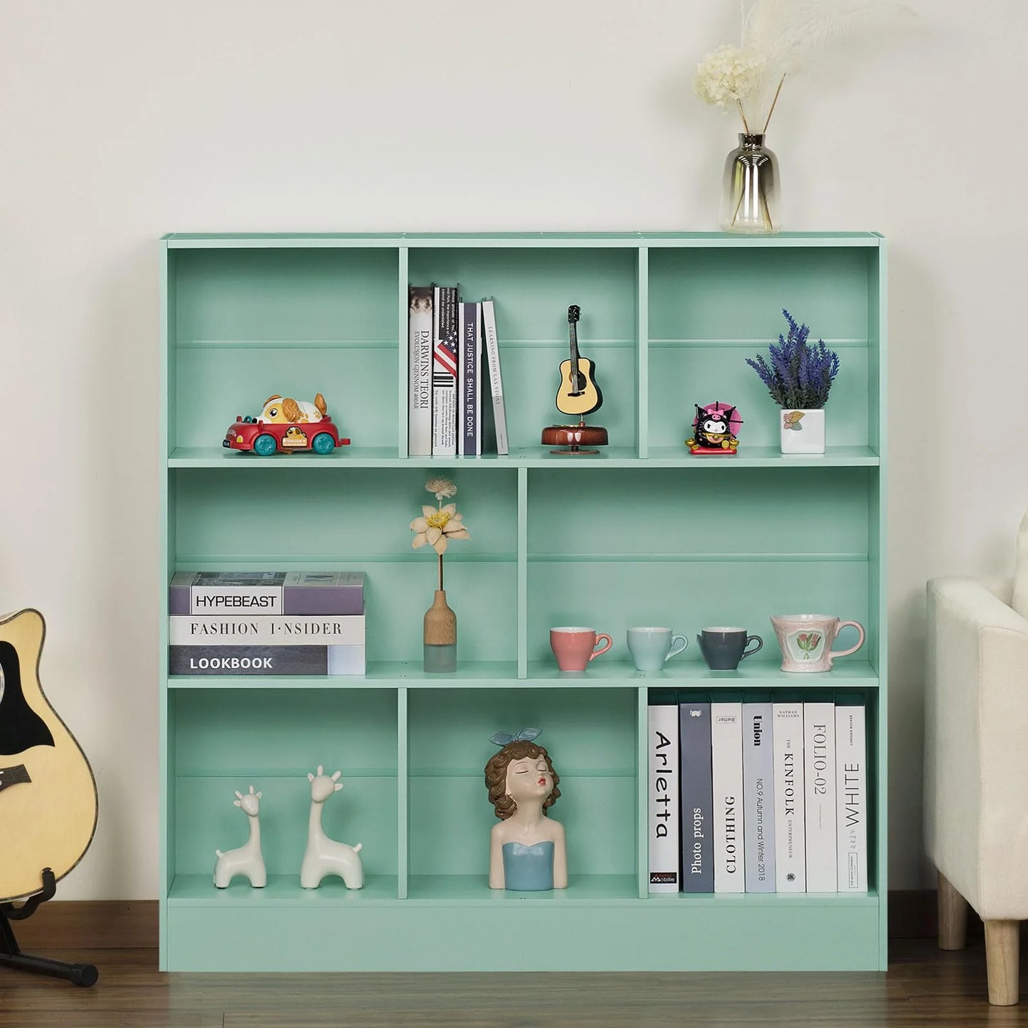 8 Cube Bookshelf with Base,3 Tier Modern Mint-Green Bookcase,Standing Wide Bookshelves Storage Organizer Toy Shelf,Wood Display Children's Book Shelves for Bedroom,Living Room,Nursery