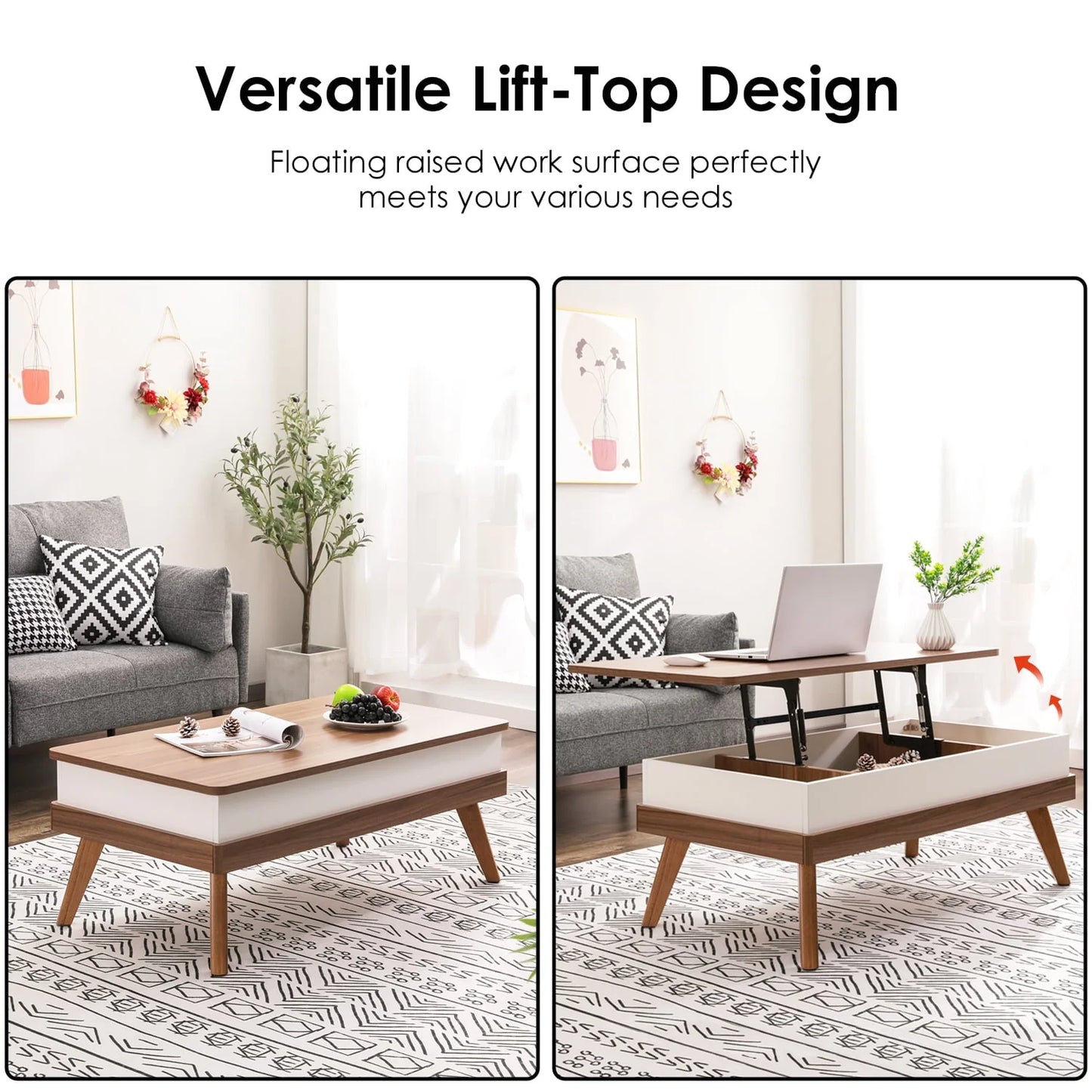 Bidiso Lift Top Coffee Table, Easy-to-Assembly Center Table with Hidden Storage Compartment, Modern Lift Tabletop Dining Table for Living Room Reception/Home Office, Grey Walnut