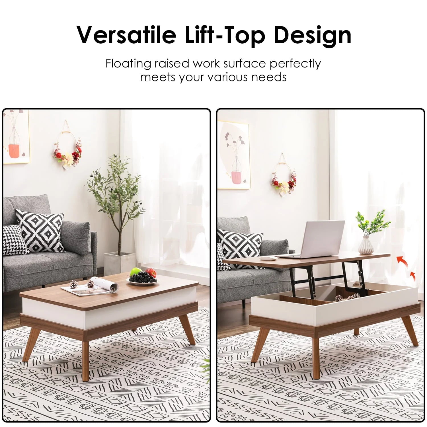 Bidiso Lift Top Coffee Table, Easy-to-Assembly Center Table with Hidden Storage Compartment, Modern Lift Tabletop Dining Table for Living Room Reception/Home Office, Grey Walnut