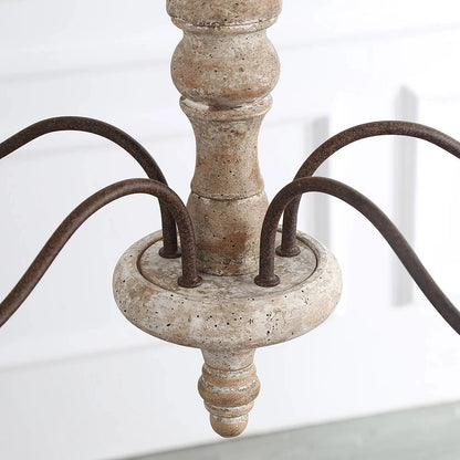 LNC 6-Light French Country Distressed Off-White Handmade Wood and Metal Candle Shape Chandelier